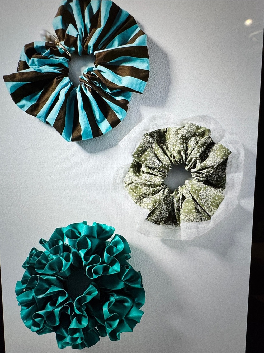Anthropologie Teal, Aqua and Olive Trio Satin and Fabric Scrunchie Set